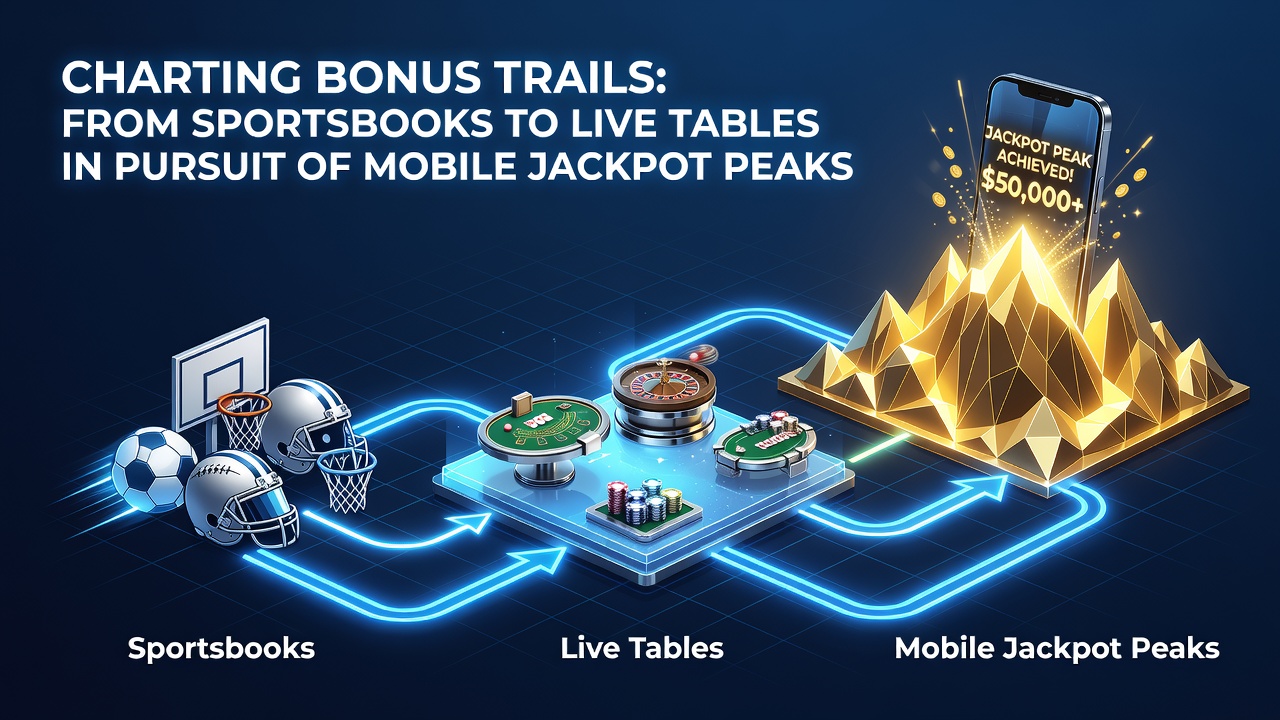 Mobile interface showing bonus progression from sports to live tables and jackpots