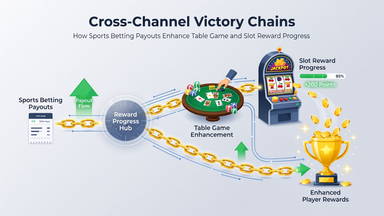 Dashboard view of a VIP mobile program illustrating sports payout credits advancing slot reel multipliers and table game loyalty tiers simultaneously