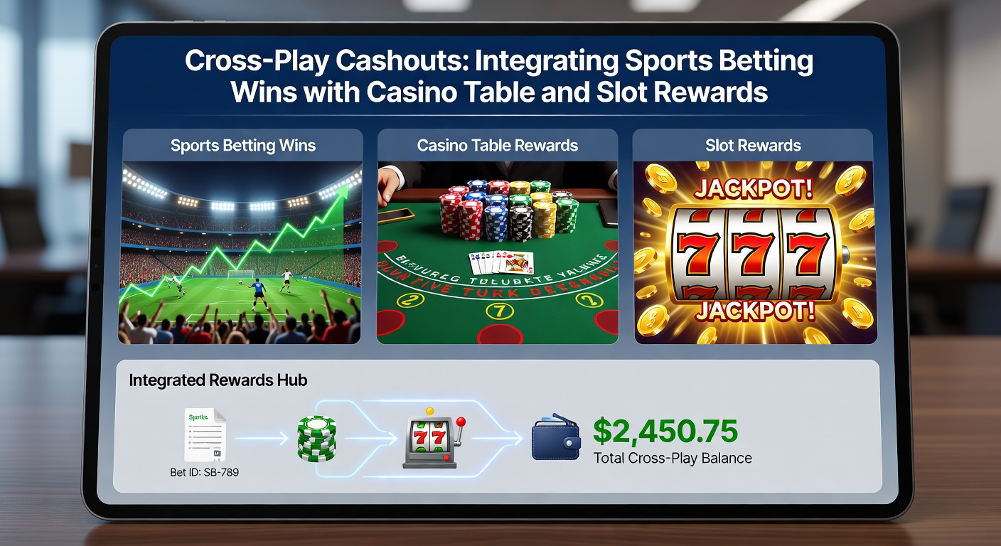 Screenshot of a gaming app interface displaying integrated wallet with sports bet wins allocated to table games and slot rewards