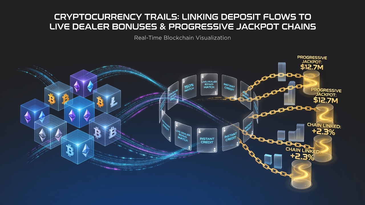 Flow diagram illustrating cryptocurrency trails from deposits through live dealer bonuses into progressive jackpot networks