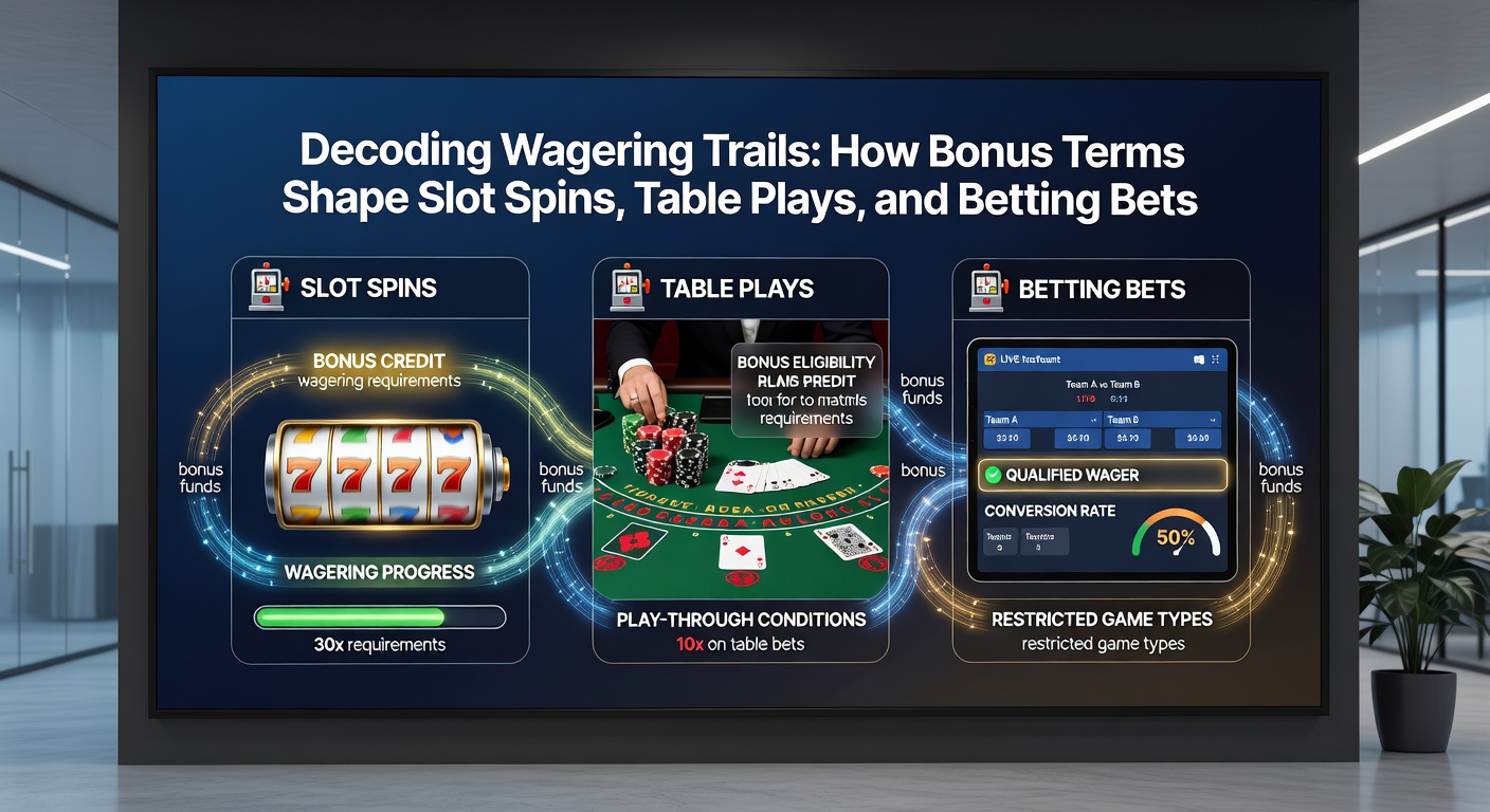 Graphic depicting a labyrinthine table game setup with wagering requirement barriers, highlighting blackjack hands and roulette spins