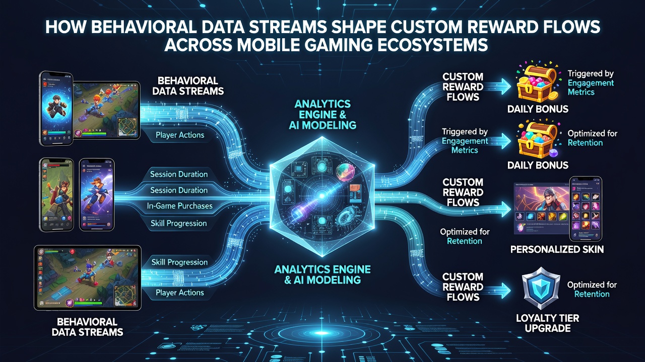 Diagram showing data flow from player actions to personalized reward outputs in interconnected mobile game modules