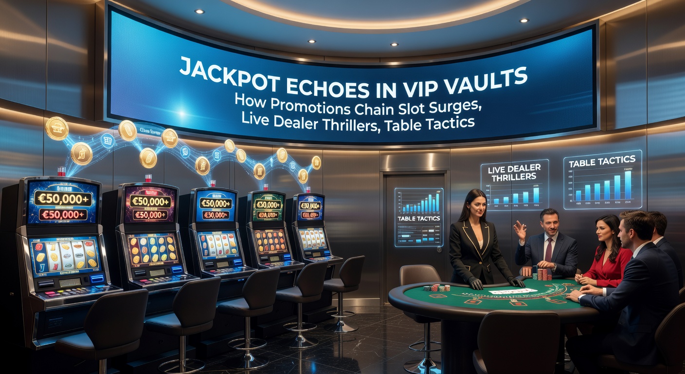 Close-up of a mobile screen showing a VIP dashboard with chained promotions: slot wins feeding live dealer tables, table chips converting to sports bets, and jackpot meters climbing