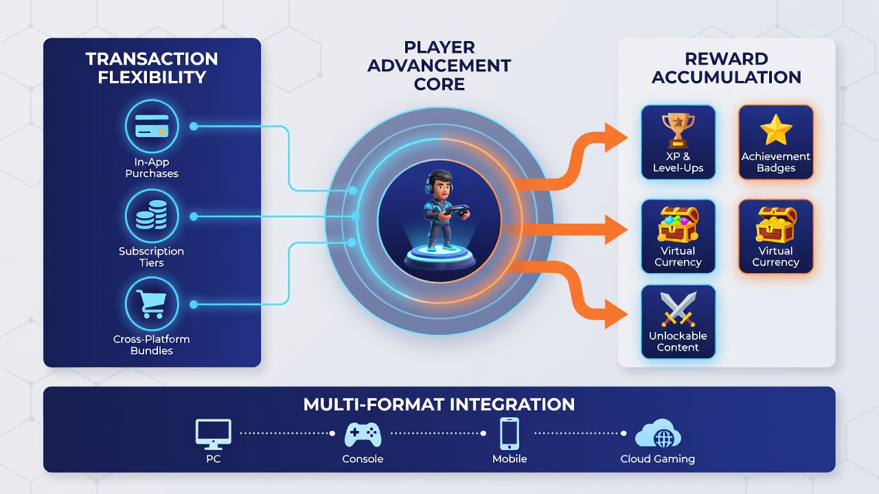 Diagram displaying reward point flows across multiple gaming formats with transaction nodes highlighted