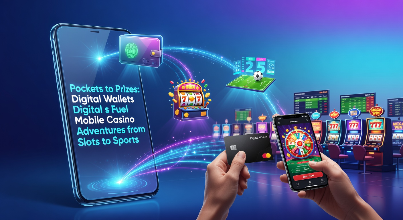 Illustration of a digital wallet app interface connecting slot machines, roulette tables, and sports betting odds on a mobile device, with glowing arrows showing fund flows