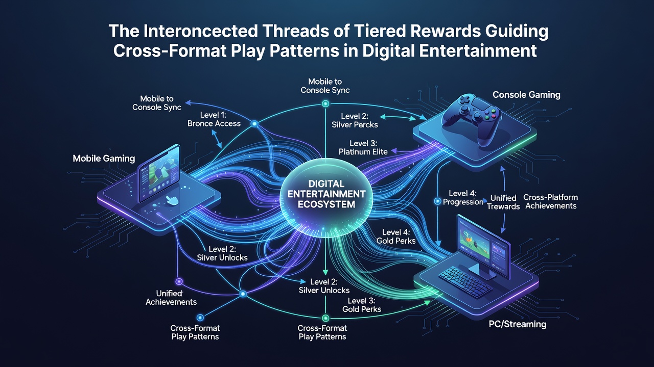 Infographic showing reward flow between different digital entertainment formats and tier benefits