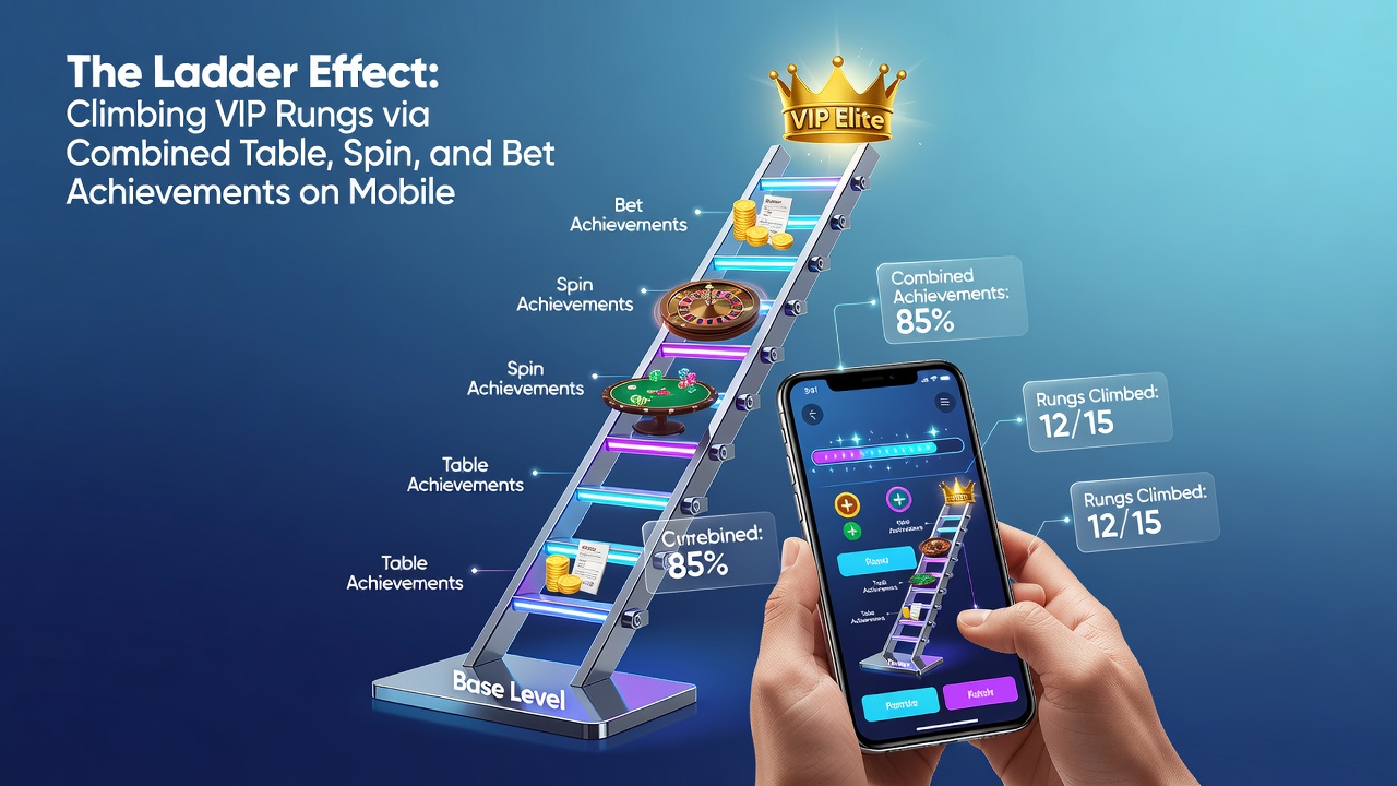 Smartphone screen displaying integrated VIP ladder with progress from slots, live tables, and sports betting sections merged into one advancement path