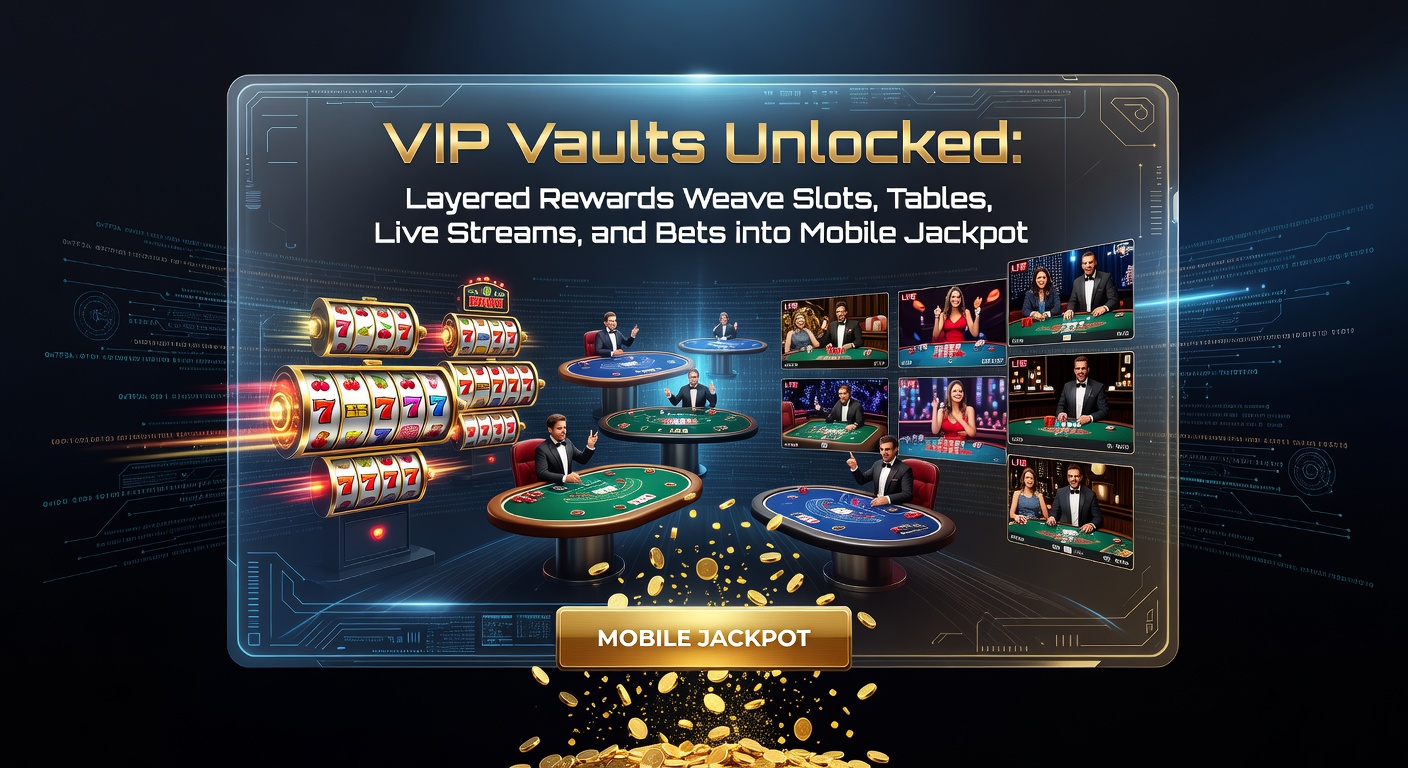 Dynamic screenshot of a mobile app showing intertwined reward ladders with slot reels, poker tables, live blackjack dealers, sports betting odds, and a glowing jackpot meter at the top